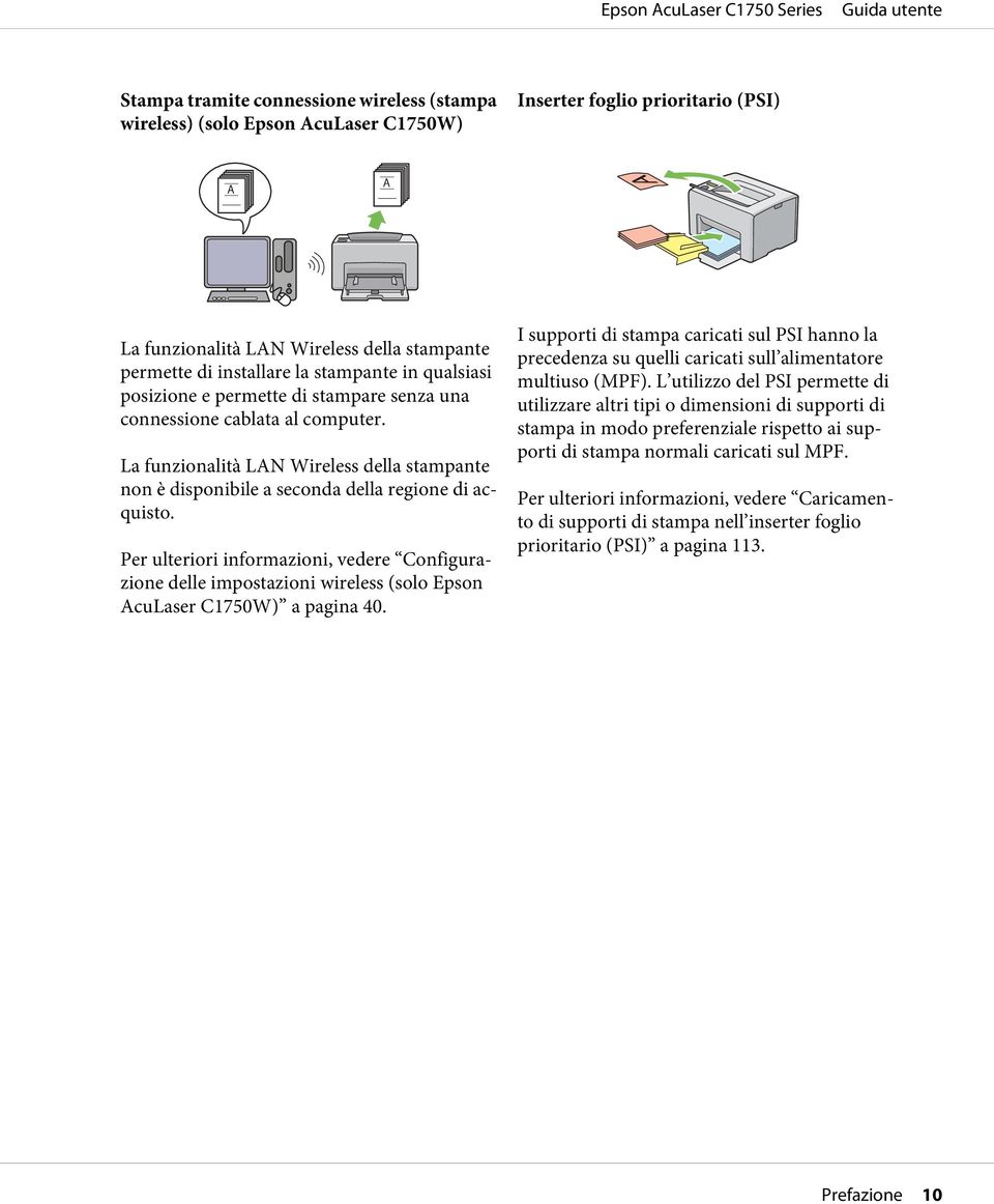 Per ulteriori informazioni, vedere Configurazione delle impostazioni wireless (solo Epson AcuLaser C1750W) a pagina 40.