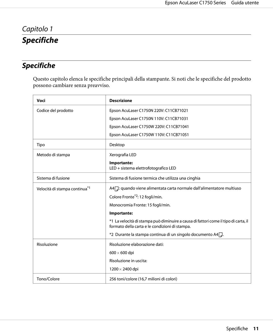 Epson AcuLaser C1750W 110V: C11CB71051 Desktop Xerografia LED Importante: LED + sistema elettrofotografico LED Sistema di fusione termica che utilizza una cinghia Velocità di stampa continua *1 A4 :