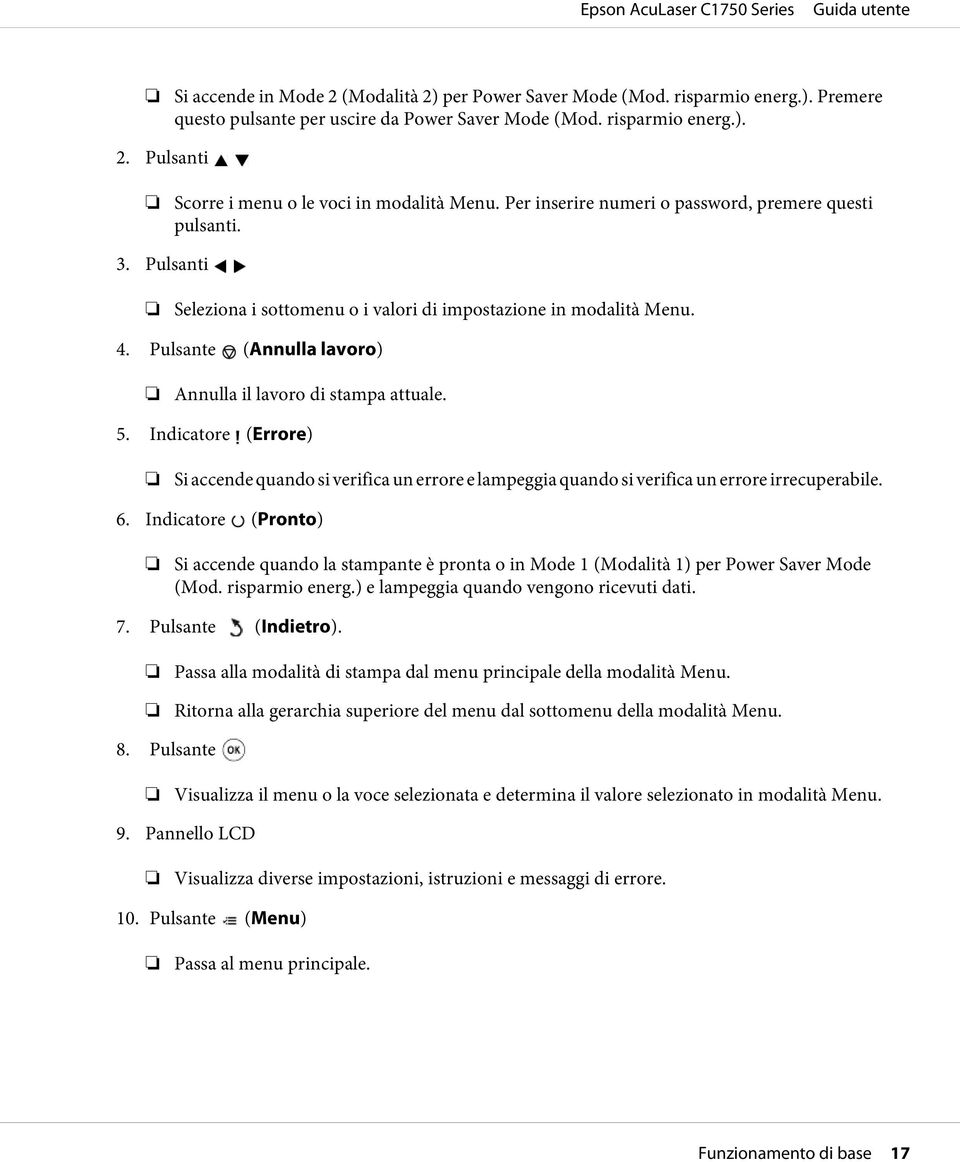 Pulsante (Annulla lavoro) Annulla il lavoro di stampa attuale. 5. Indicatore (Errore) Si accende quando si verifica un errore e lampeggia quando si verifica un errore irrecuperabile. 6.