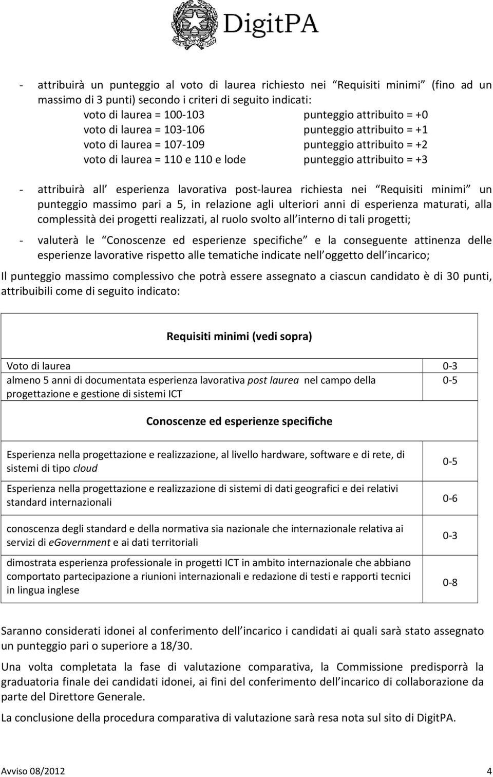 lavorativa post-laurea richiesta nei Requisiti minimi un punteggio massimo pari a 5, in relazione agli ulteriori anni di esperienza maturati, alla complessità dei progetti realizzati, al ruolo svolto