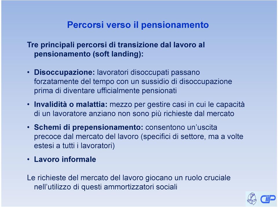 capacità di un lavoratore anziano non sono più richieste dal mercato Schemi di prepensionamento: consentono un uscita precoce dal mercato del lavoro (specifici di