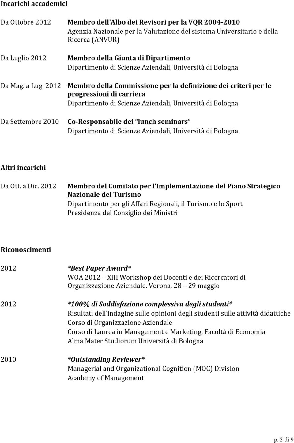 2012 Membro della Commissione per la definizione dei criteri per le progressioni di carriera Dipartimento di Scienze Aziendali, Università di Bologna Da Settembre 2010 Co- Responsabile dei lunch