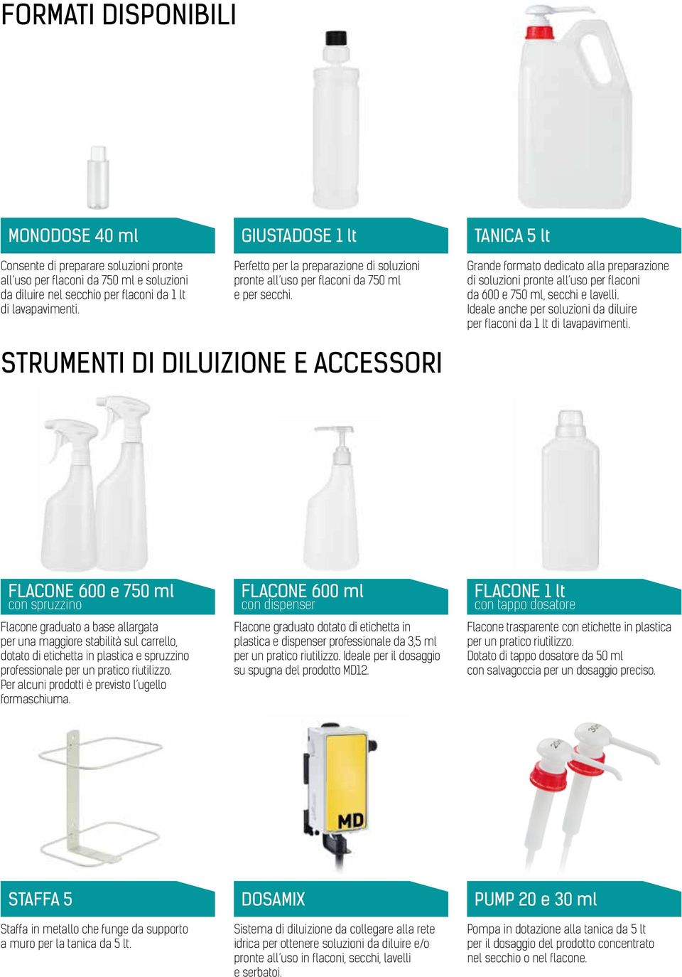 Grande formato dedicato alla preparazione di soluzioni pronte all uso per flaconi da 600 e 750 ml, secchi e lavelli. Ideale anche per soluzioni da diluire per flaconi da 1 lt di lavapavimenti.