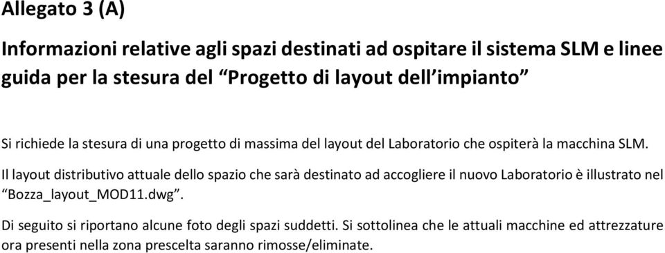 Il layout distributivo attuale dello spazio che sarà destinato ad accogliere il nuovo Laboratorio è illustrato nel Bozza_layout_MOD11.dwg.