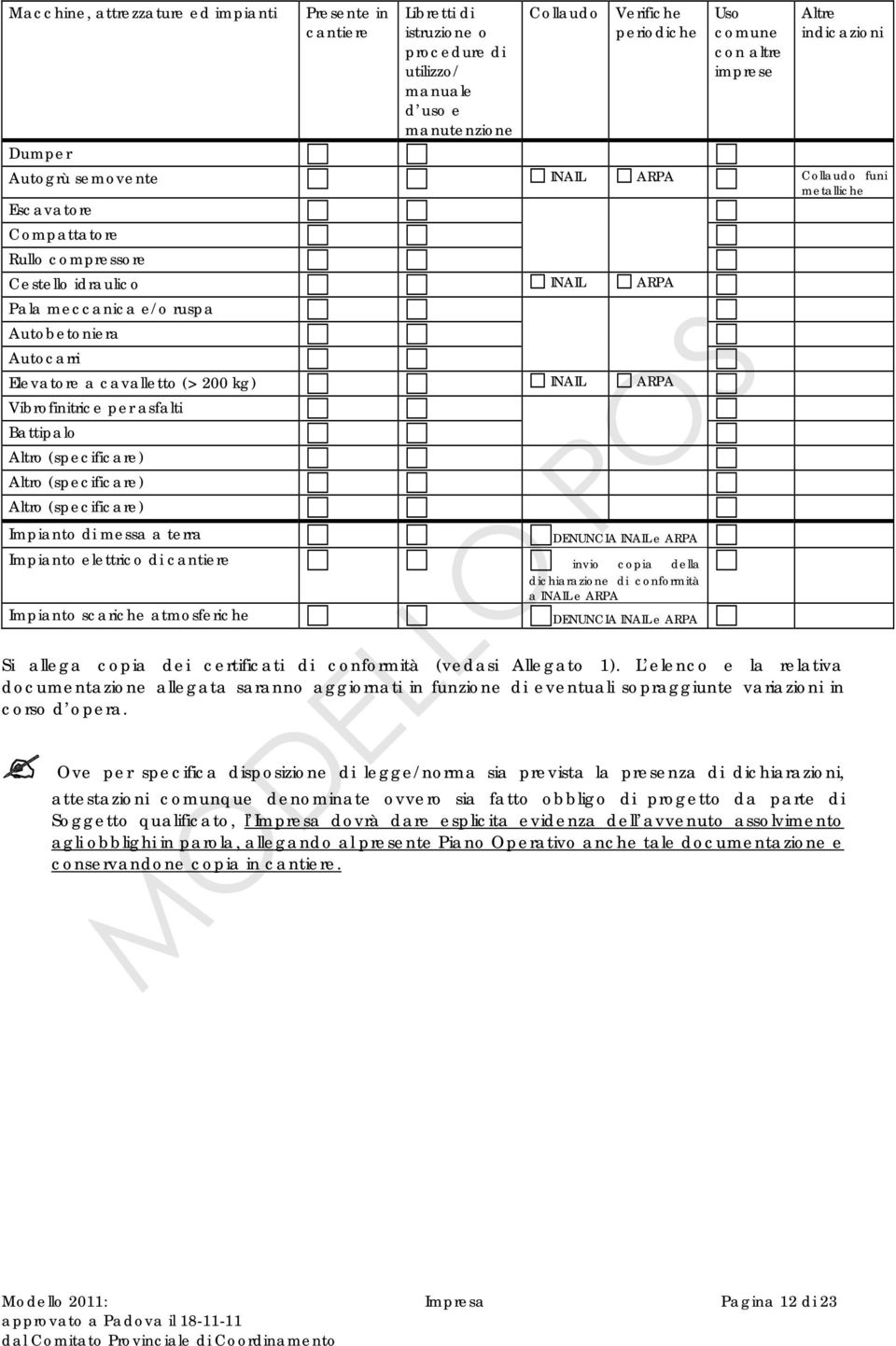 Elevatore a cavalletto (> 200 kg) INAIL ARPA Vibrofinitrice per asfalti Battipalo Altro (specificare) Altro (specificare) Altro (specificare) Impianto di messa a terra DENUNCIA INAIL e ARPA Impianto