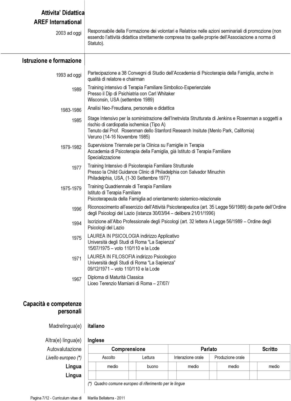 Istruzione e formazione ad oggi Partecipazione a 38 Convegni di Studio dell Accademia di Psicoterapia della Famiglia, anche in qualità di relatore e chairman 1989 Training intensivo di Terapia