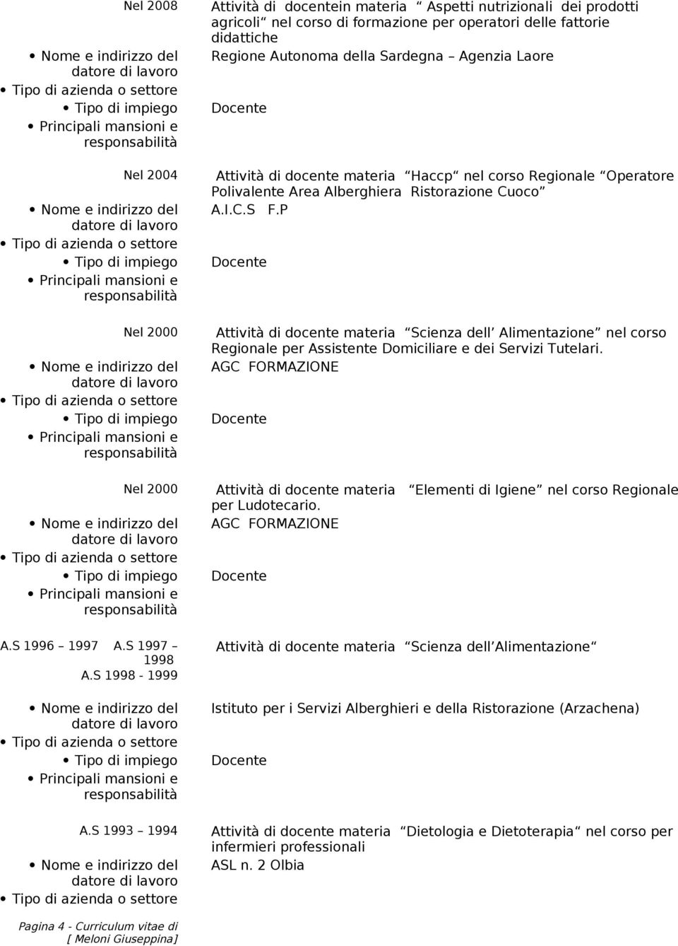 P Docente Nel 2000 Attività di docente materia Scienza dell Alimentazione nel corso Regionale per Assistente Domiciliare e dei Servizi Tutelari.