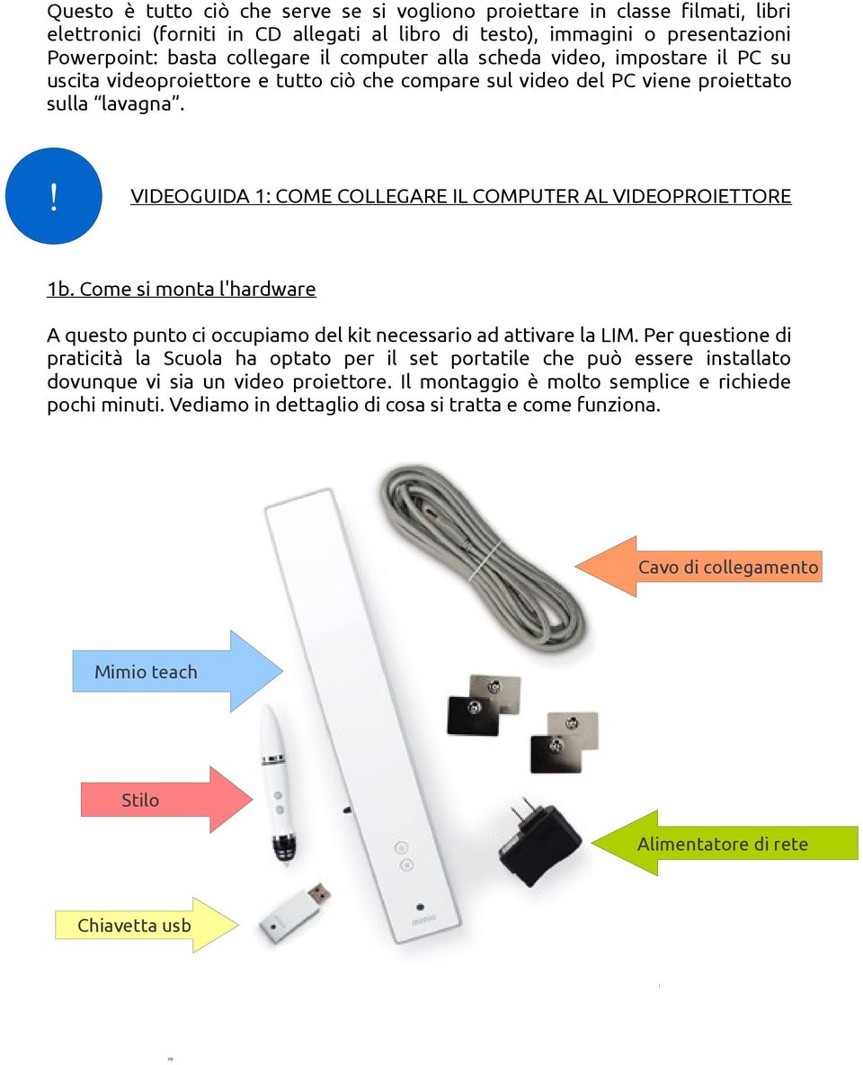 ! VIDEOGUIDA 1: COME COLLEGARE IL COMPUTER AL VIDEOPROIETTORE 1b. Come si monta l'hardware A questo punto ci occupiamo del kit necessario ad attivare la LIM.