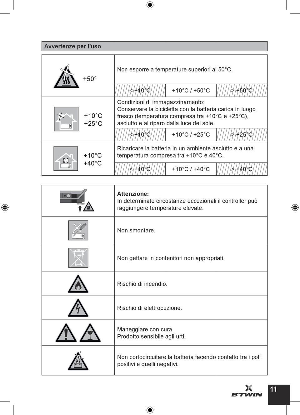 del sole. < +10 C +10 C / +25 C > +25 C Ricaricare la batteria in un ambiente asciutto e a una temperatura compresa tra +10 C e 40 C.