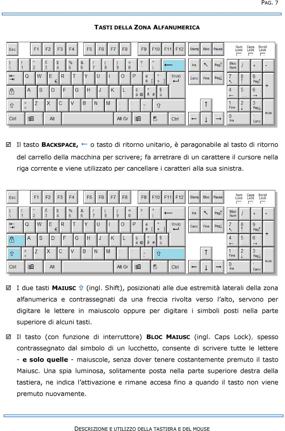 Shift), posizionati alle due estremità laterali della zona alfanumerica e contrassegnati da una freccia rivolta verso l alto, servono per digitare le lettere in maiuscolo oppure per digitare i