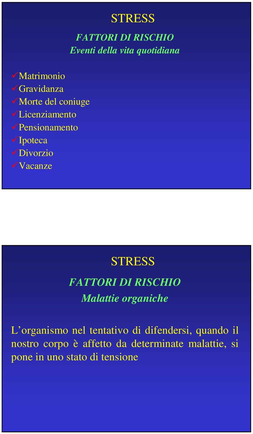 FATTORI DI RISCHIO Malattie organiche L organismo nel tentativo di difendersi,