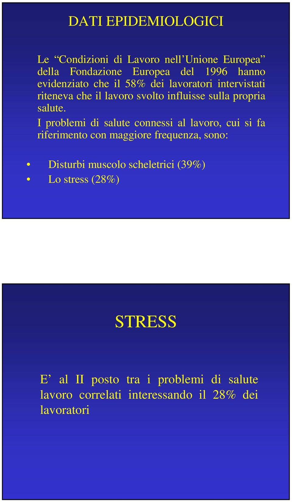 I problemi di salute connessi al lavoro, cui si fa riferimento con maggiore frequenza, sono: Disturbi muscolo