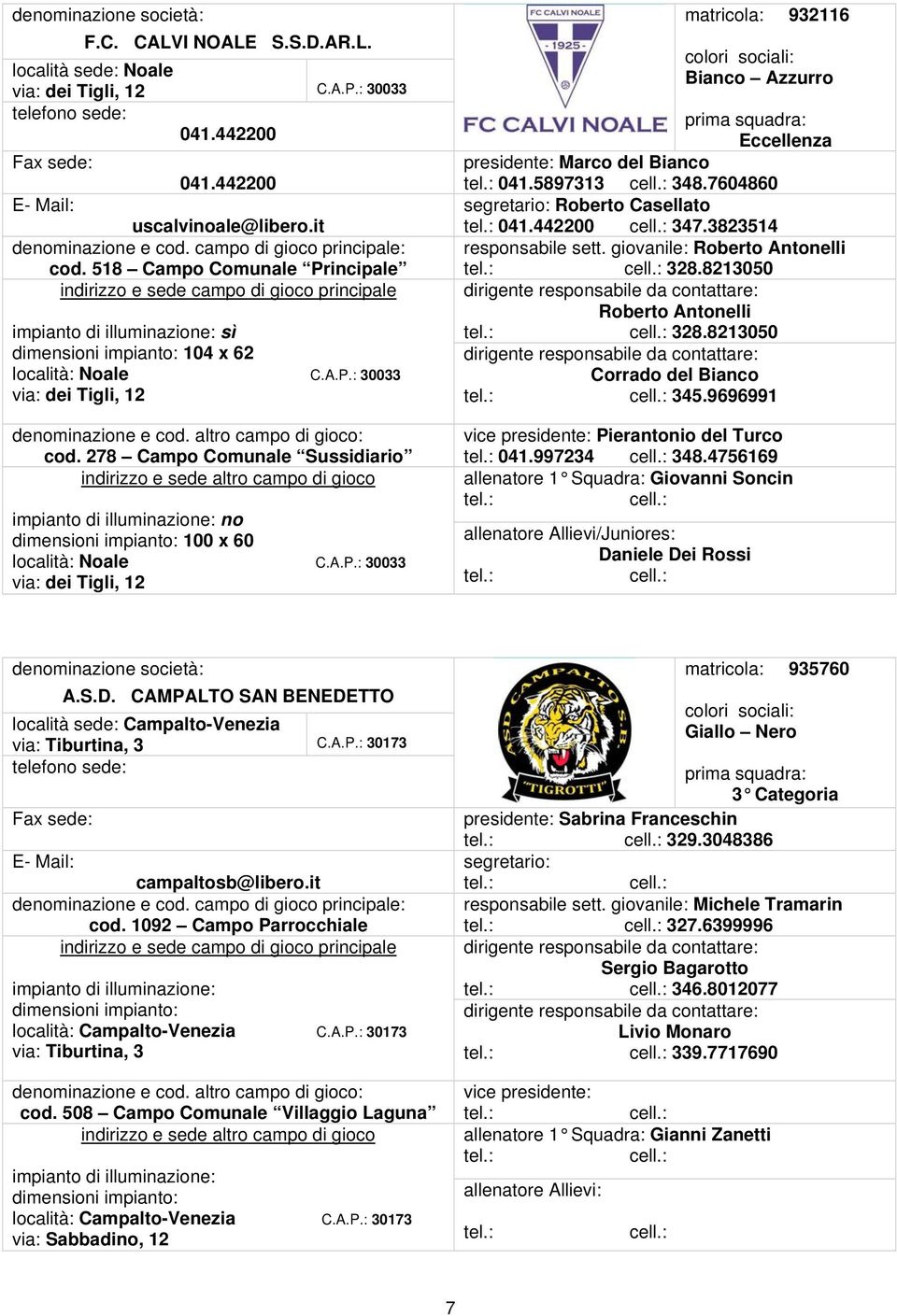 7604860 segretario: Roberto Casellato 041.442200 347.3823514 responsabile sett. giovanile: Roberto Antonelli 328.8213050 Roberto Antonelli 328.8213050 Corrado del Bianco 345.