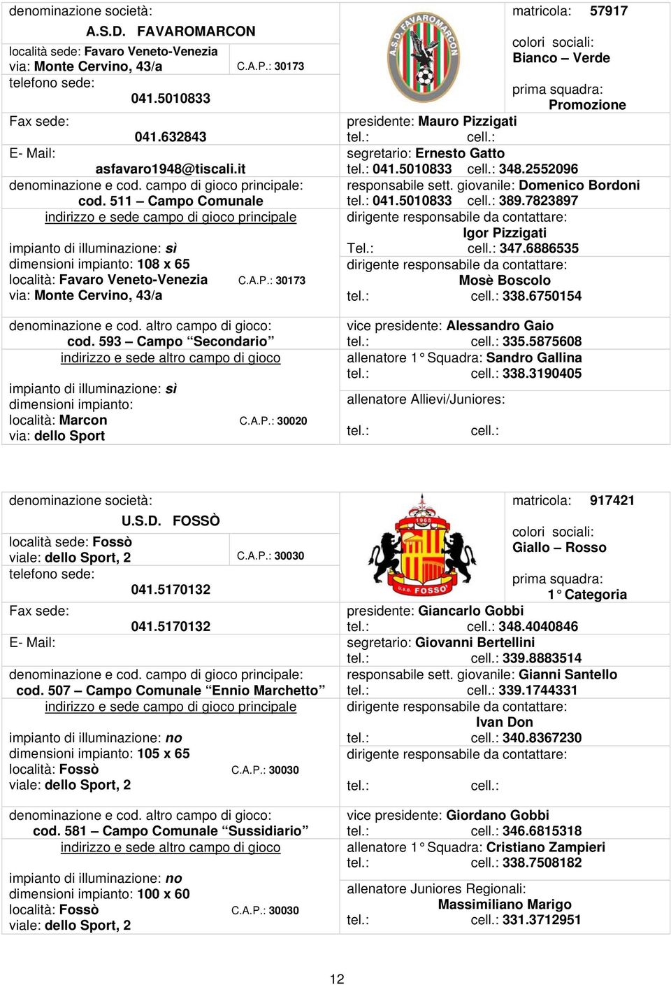 5010833 348.2552096 responsabile sett. giovanile: Domenico Bordoni 041.5010833 389.7823897 Igor Pizzigati Tel.: 347.6886535 Mosè Boscolo 338.6750154 Alessandro Gaio 335.5875608 Sandro Gallina 338.