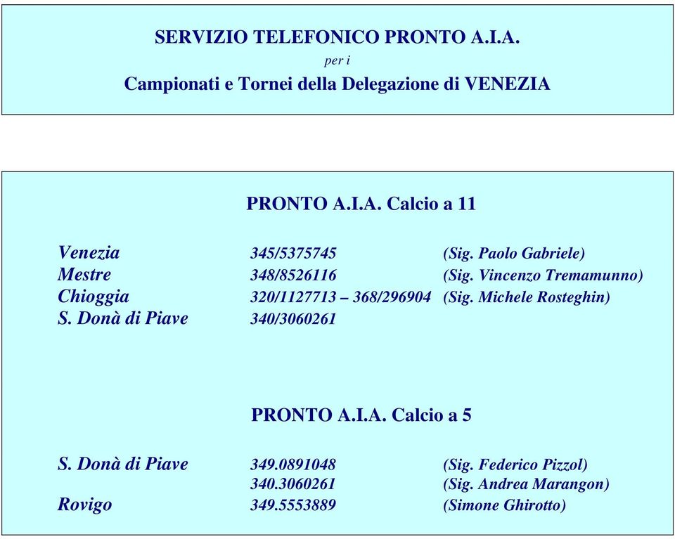 Michele Rosteghin) S. Donà di Piave 340/3060261 PRONTO A.I.A. Calcio a 5 S. Donà di Piave 349.0891048 (Sig.