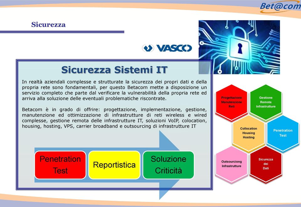 Betacom è in grado di offrire: progettazione, implementazione, gestione, manutenzione ed ottimizzazione di infrastrutture di reti wireless e wired complesse, gestione remota delle infrastrutture IT,