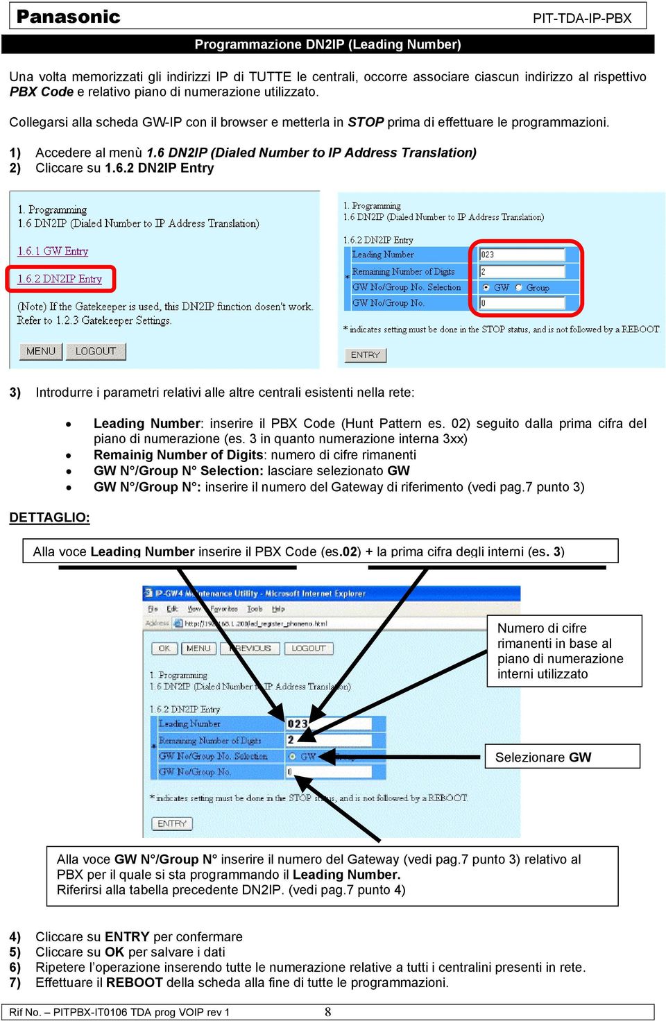 6 DN2IP (Dialed Number to IP Address Translation) 2) Cliccare su 1.6.2 DN2IP Entry 3) Introdurre i parametri relativi alle altre centrali esistenti nella rete: DETTAGLIO: Leading Number: inserire il PBX Code (Hunt Pattern es.