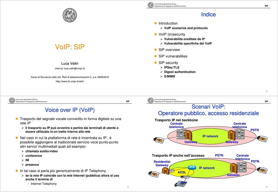 it/veltri Introduction VoIP scenarios and protocols VoIP (in)security Vulnerabilità ereditate da IP Vulnerabilità specifiche del VoIP overview vulnerabilities security IPSec/TLS Digest authentication