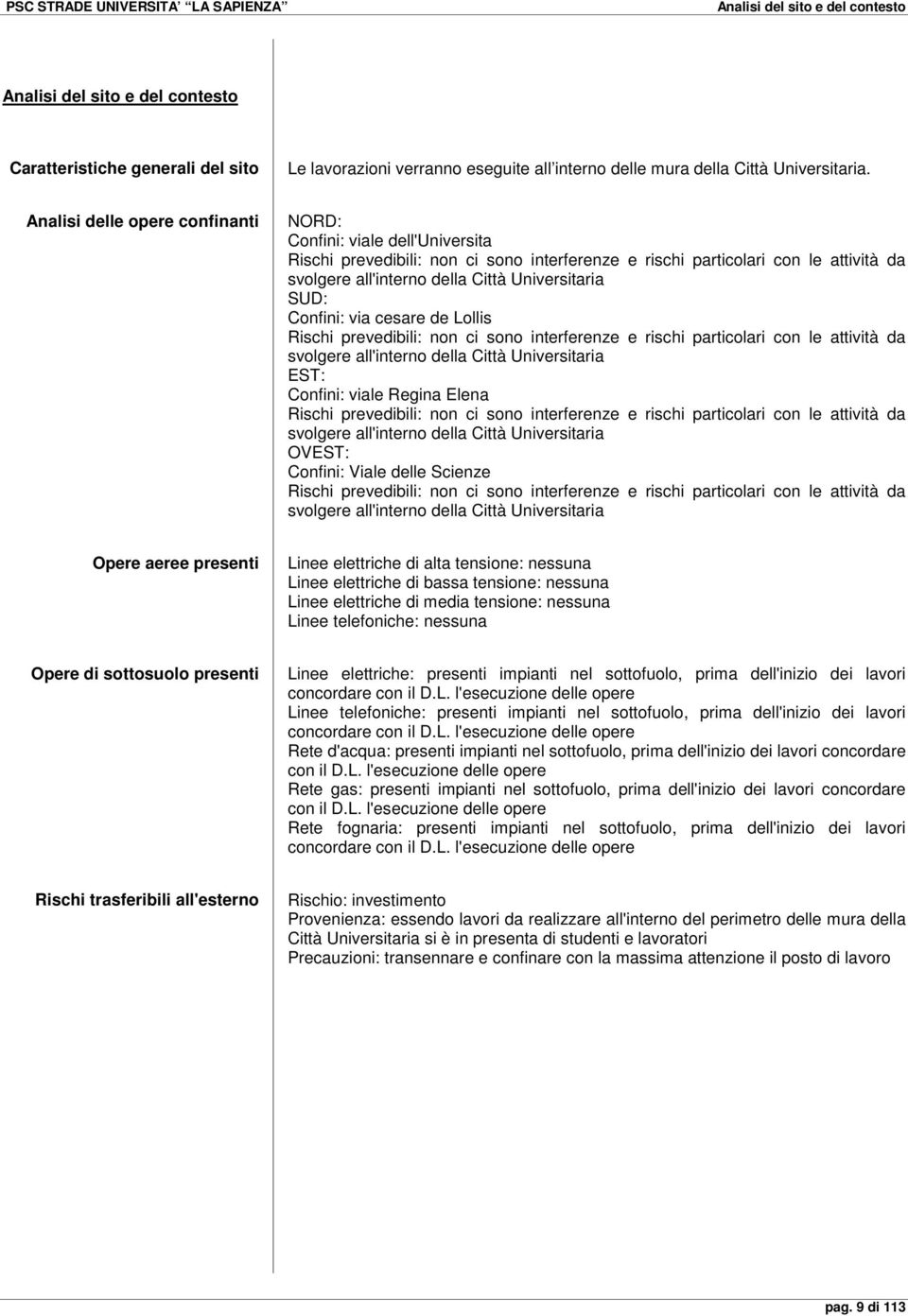 SUD: Confini: via cesare de Lollis Rischi prevedibili: non ci sono interferenze e rischi particolari con le attività da svolgere all'interno della Città Universitaria EST: Confini: viale Regina Elena