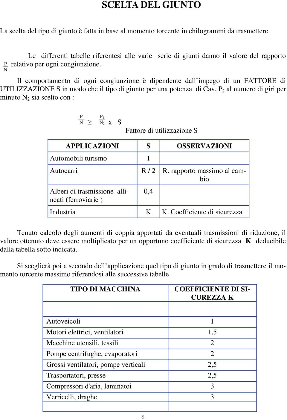 Il comportamento di ogni congiunzione è dipendente dall impego di un FATTORE di UTILIZZAZIONE S in modo che il tipo di giunto per una potenza di Cav.