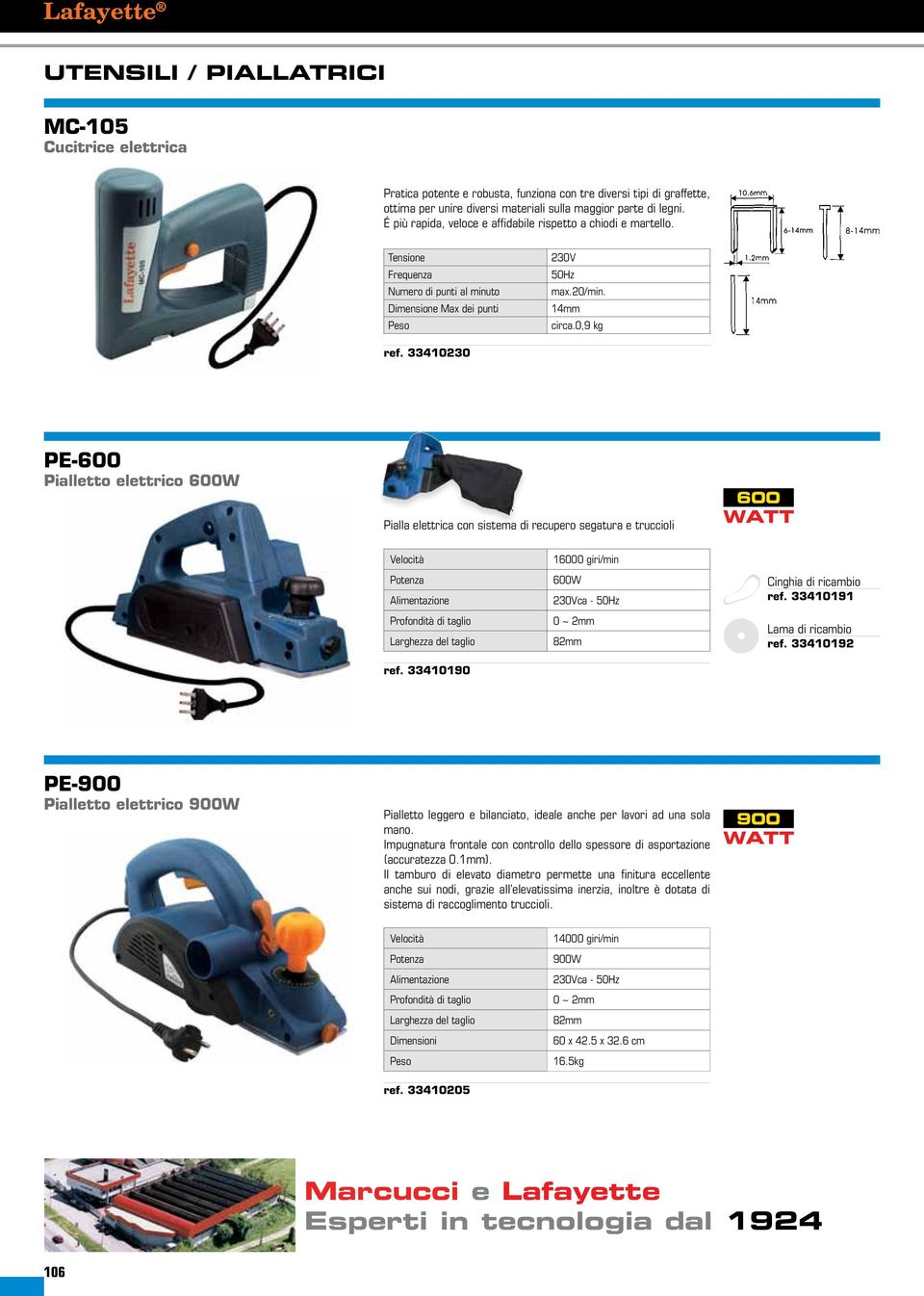 33410230 PE-600 Pialletto elettrico 600W Pialla elettrica con sistema di recupero segatura e truccioli Profondità di taglio Larghezza del taglio ref.