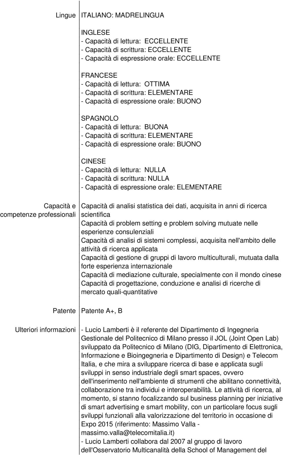 Capacità di lettura: NULLA - Capacità di scrittura: NULLA - Capacità di espressione orale: ELEMENTARE Capacità e competenze professionali Capacità di analisi statistica dei dati, acquisita in anni di