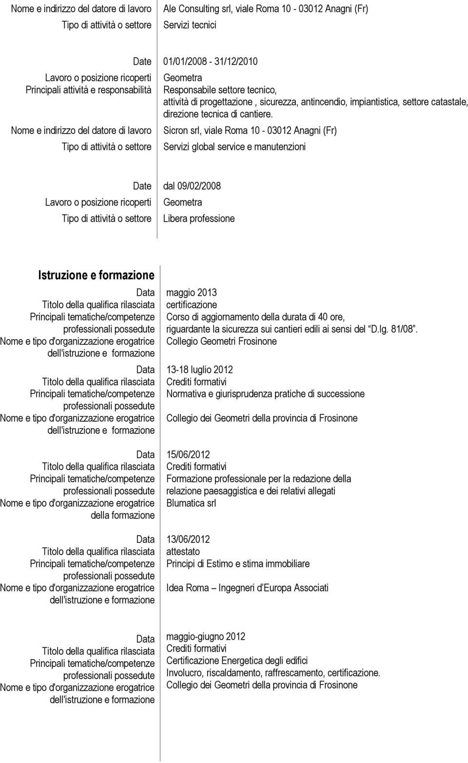 Sicron srl, viale Roma 10-03012 Anagni (Fr) Servizi global service e manutenzioni Date dal 09/02/2008 Geometra Libera professione Istruzione e formazione della formazione maggio 2013 certificazione