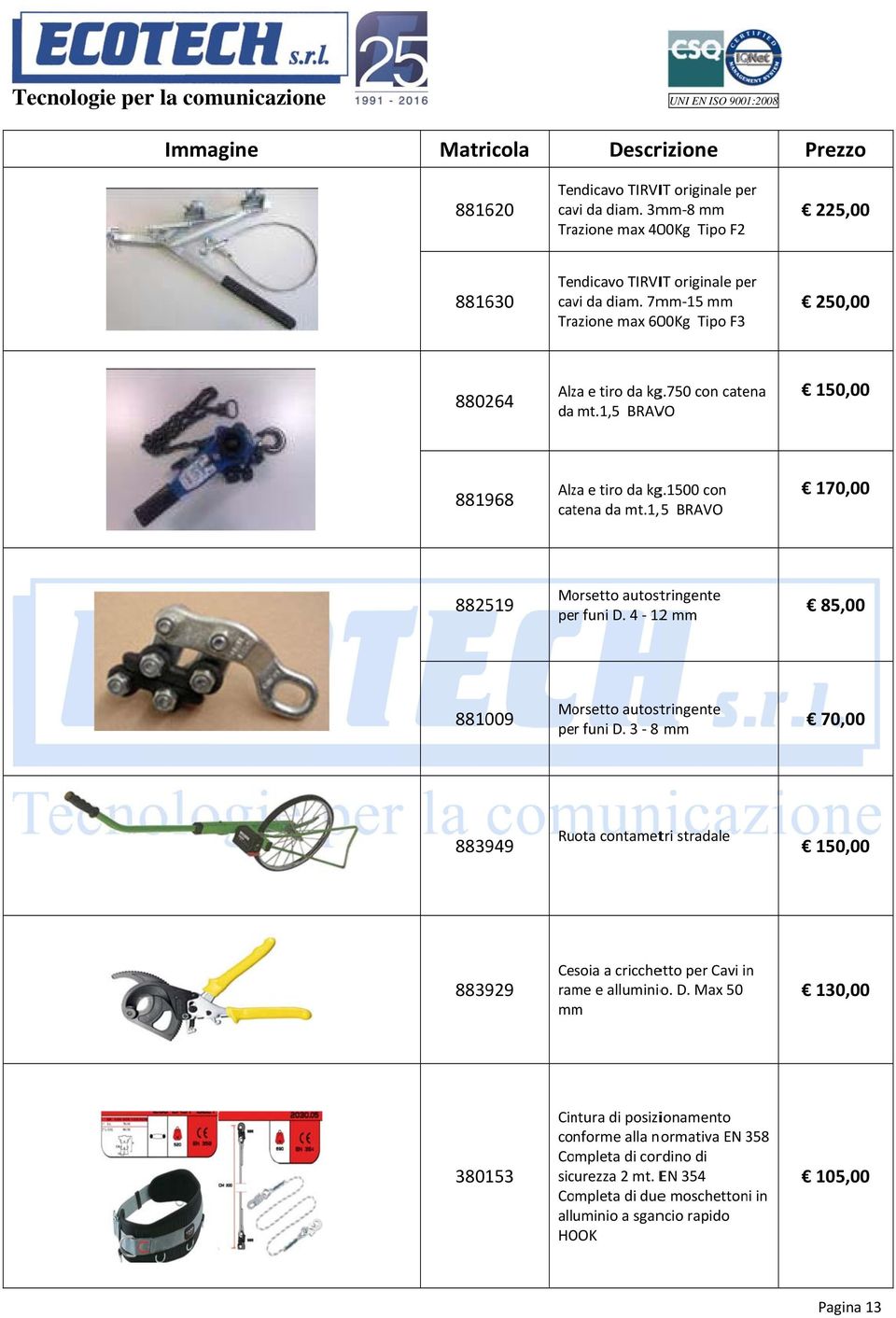 1,55 BRAVO 170,00 882519 Morsetto autostringente per funi D. 4 122 mm 85,00 881009 Morsetto autostringente per funi D.