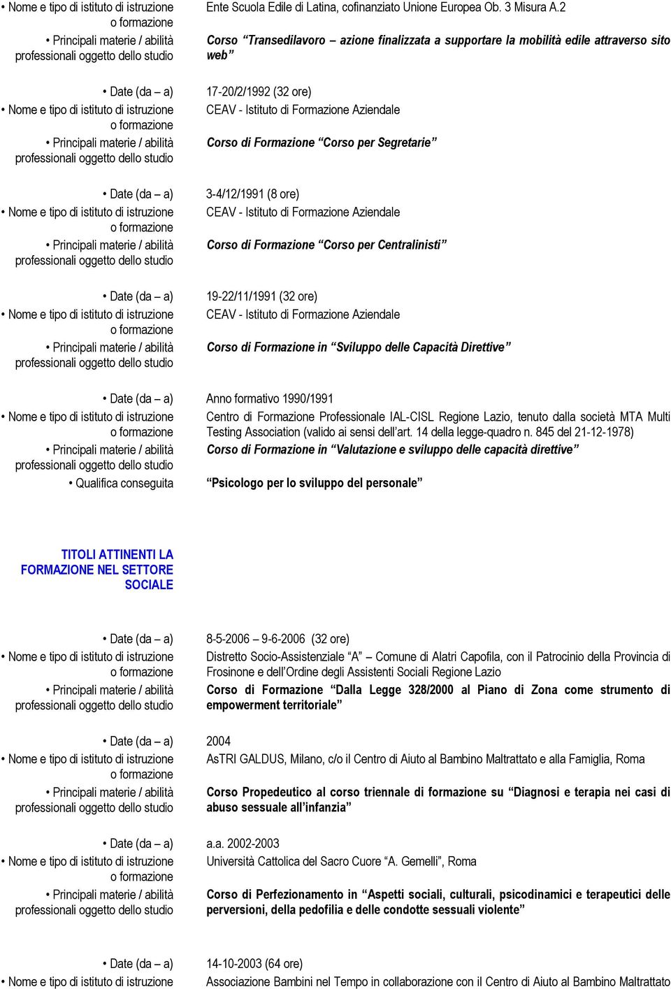 3-4/12/1991 (8 ore) CEAV - Istituto di Formazione Aziendale Corso di Formazione Corso per Centralinisti 19-22/11/1991 (32 ore) CEAV - Istituto di Formazione Aziendale Corso di Formazione in Sviluppo