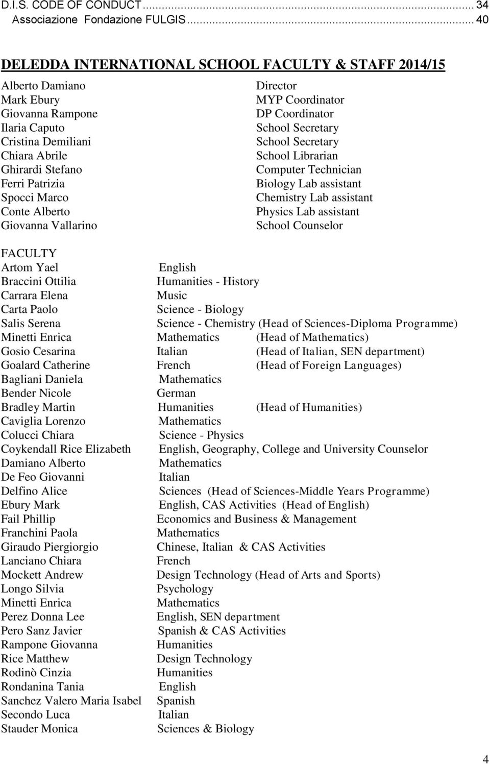 Conte Alberto Giovanna Vallarino Director MYP Coordinator DP Coordinator School Secretary School Secretary School Librarian Computer Technician Biology Lab assistant Chemistry Lab assistant Physics