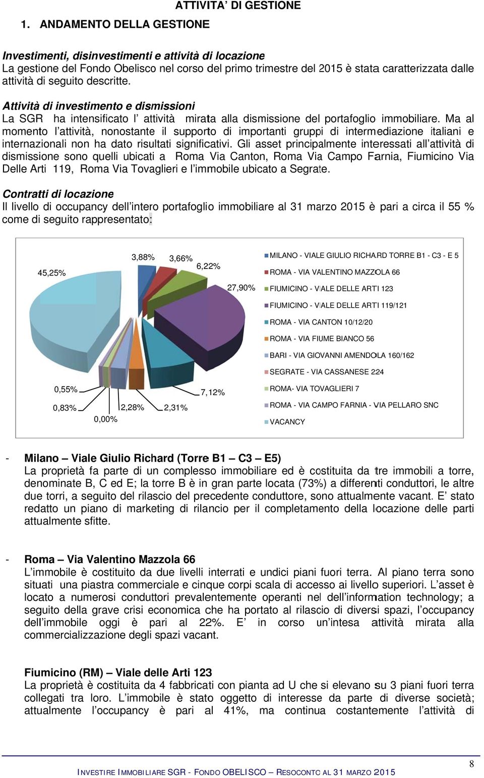 seguito descritte. Attività di investimento e dismissioni La SGR ha intensificato l attività mirata alla dismissione del portafoglio o immobiliare.