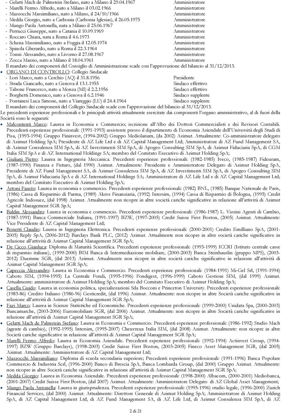1975 Amministratore - Mungo Paola Antonella, nata a Milano il 25.06.1967 Amministratore - Perrucci Giuseppe, nato a Catania il 10.09.1969 Amministratore - Roccaro Chiara, nata a Roma il 4.6.1973 Amministratore - Schena Massimiliano, nato a Foggia il 12.