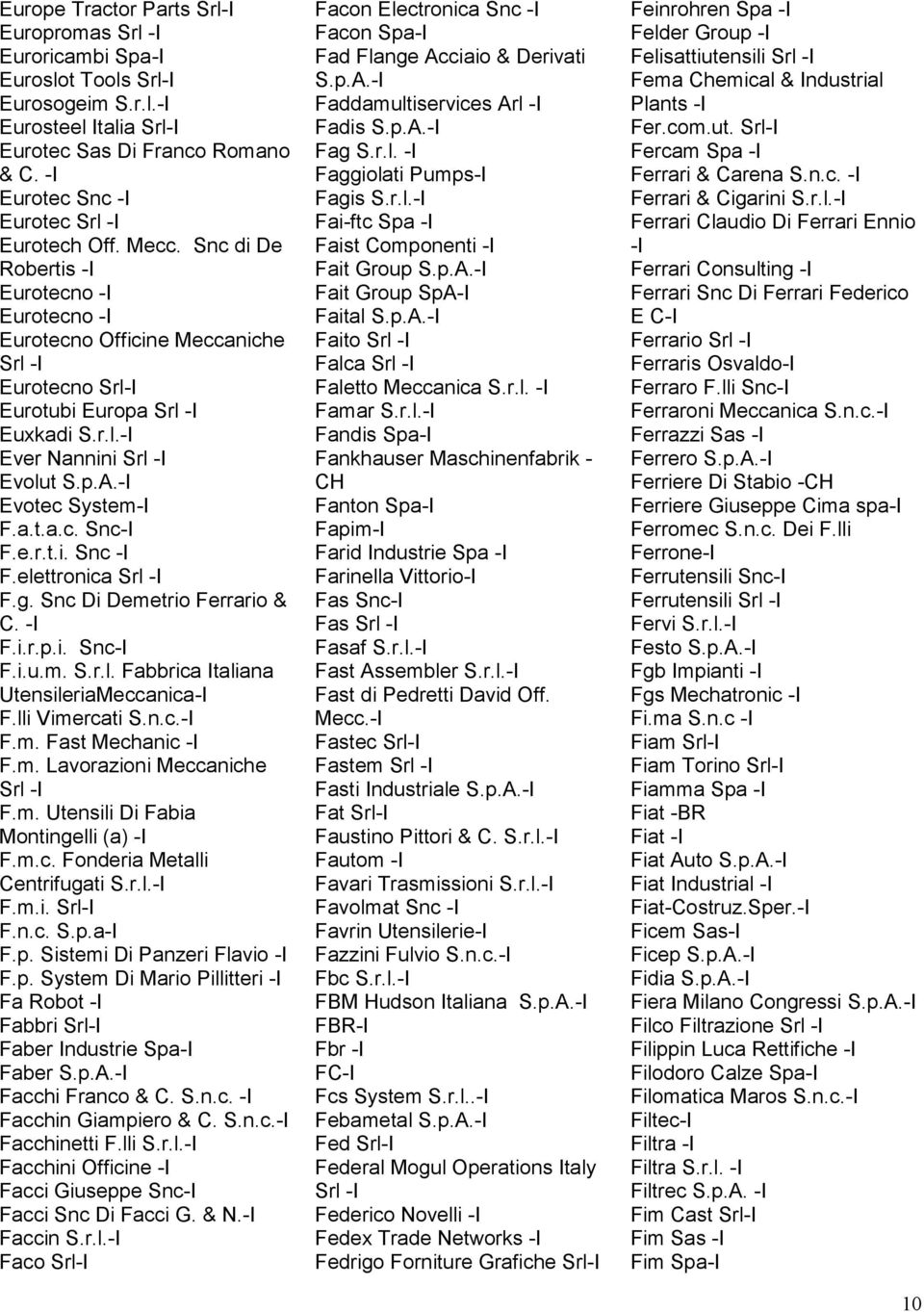e.r.t.i. Snc - F.elettronica Srl - F.g. Snc Di Demetrio Ferrario & C. - F.i.r.p.i. Snc- F.i.u.m. S.r.l. Fabbrica taliana UtensileriaMeccanica- F.lli Vimercati S.n.c.- F.m. Fast Mechanic - F.m. Lavorazioni Meccaniche Srl - F.
