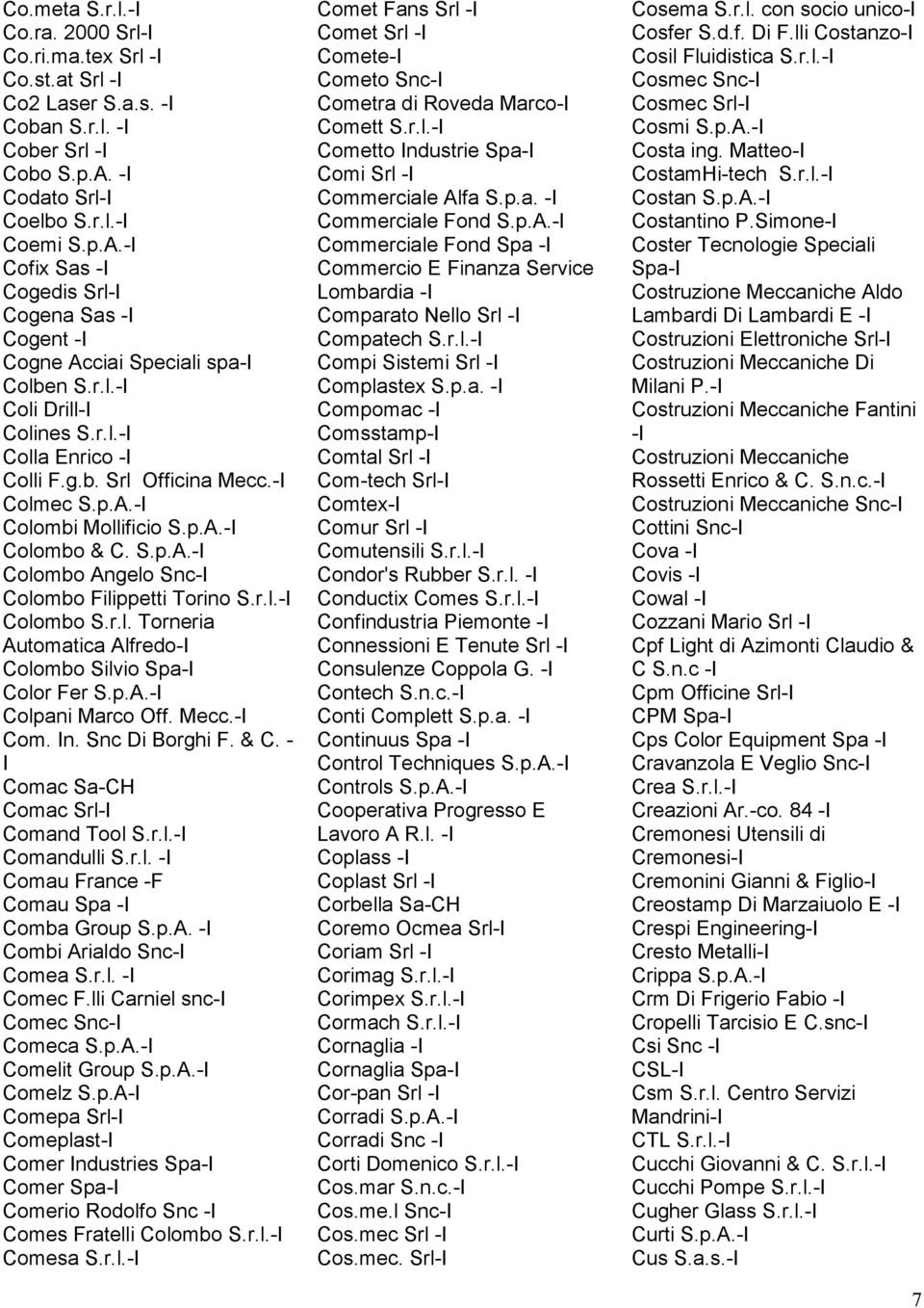 - Colmec S.p.A.- Colombi Mollificio S.p.A.- Colombo & C. S.p.A.- Colombo Angelo Snc- Colombo Filippetti Torino S.r.l.- Colombo S.r.l. Torneria Automatica Alfredo- Colombo Silvio Spa- Color Fer S.p.A.- Colpani Marco Off.