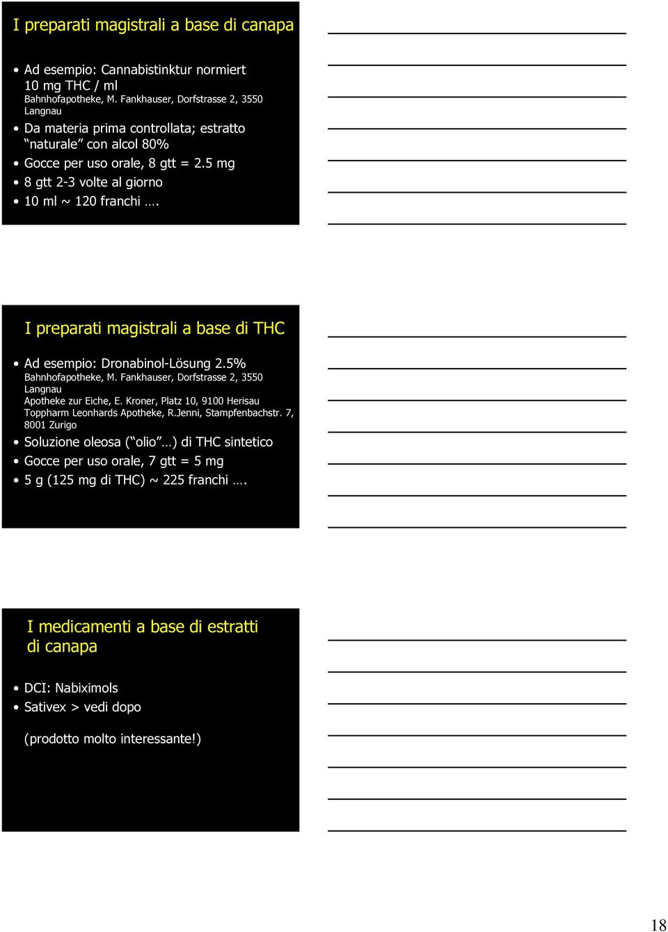 I preparati magistrali a base di THC Ad esempio: Dronabinol-Lösung 2.5% Bahnhofapotheke, M. Fankhauser, Dorfstrasse 2, 3550 Langnau Apotheke zur Eiche, E.
