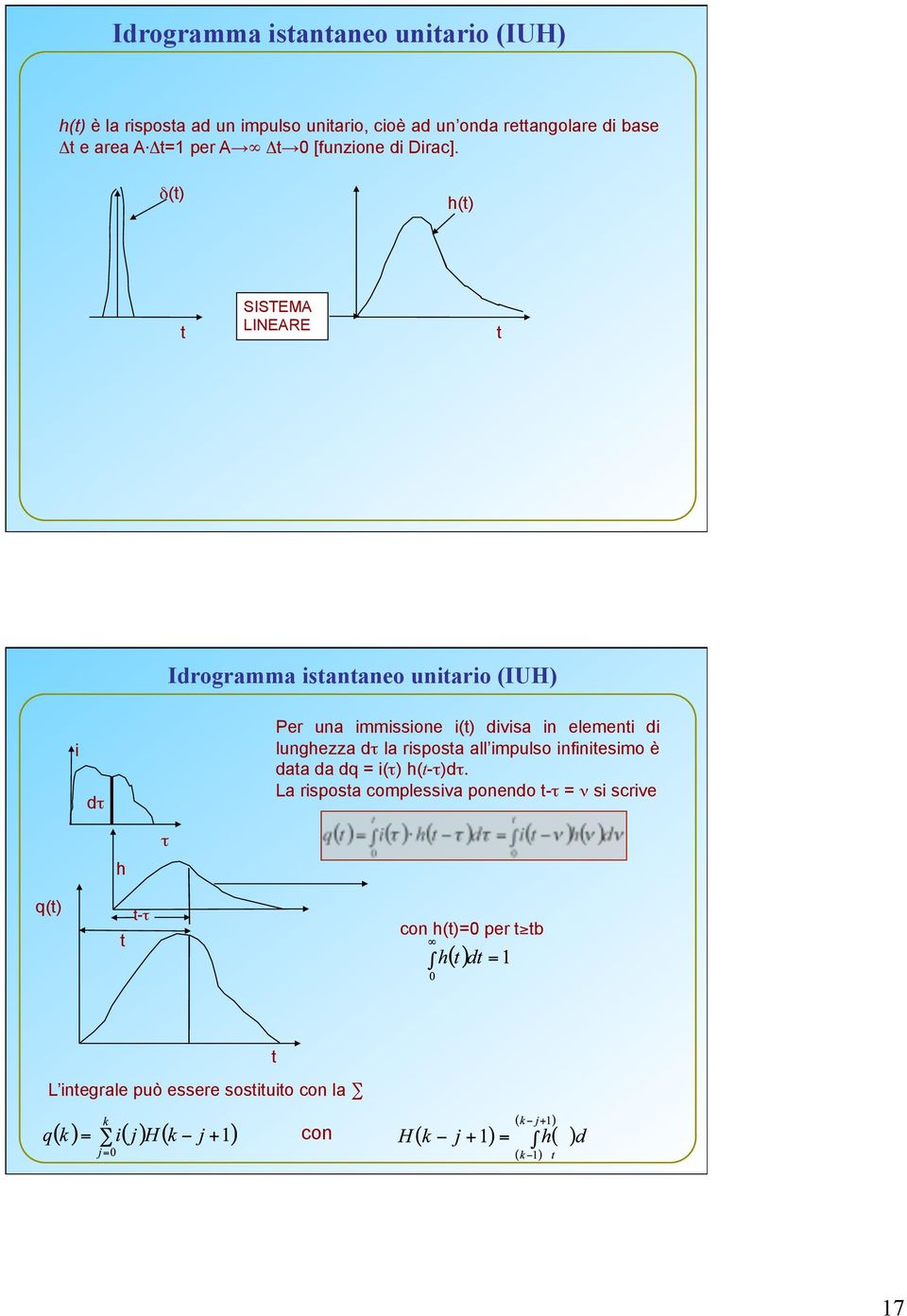 δ(t) h(t) t SISTEMA LINEARE t Idrogramma istantaneo unitario (IUH) i dτ Per una immissione i(t) divisa in elementi di