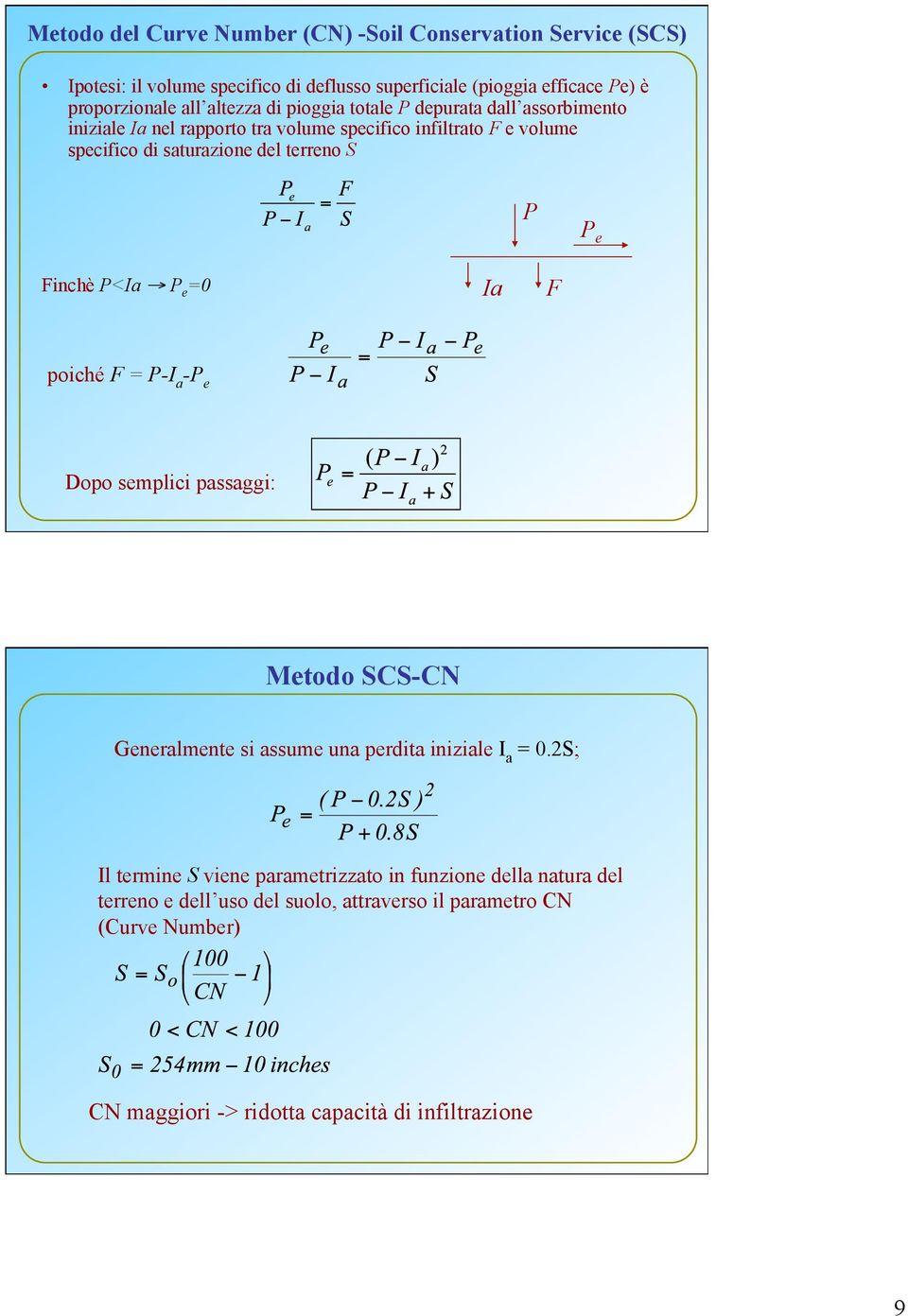 P P e Finchè P<Ia P e =0 Ia F poiché F = P-I a -P e Dopo semplici passaggi: Metodo SCS-CN Generalmente si assume una perdita iniziale I a = 0.