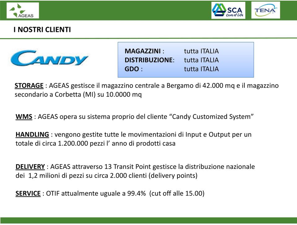 0000 mq WMS: AGEAS opera su sistema proprio del cliente Candy Customized System HANDLING: vengono gestite tutte le movimentazioni di Input e Output per un