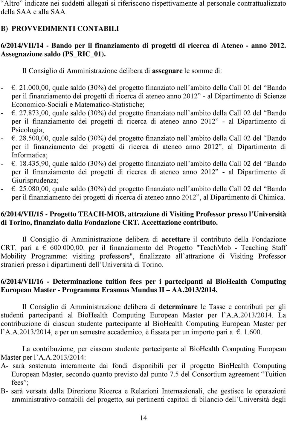 Il Consiglio di Amministrazione delibera di assegnare le somme di: -. 21.