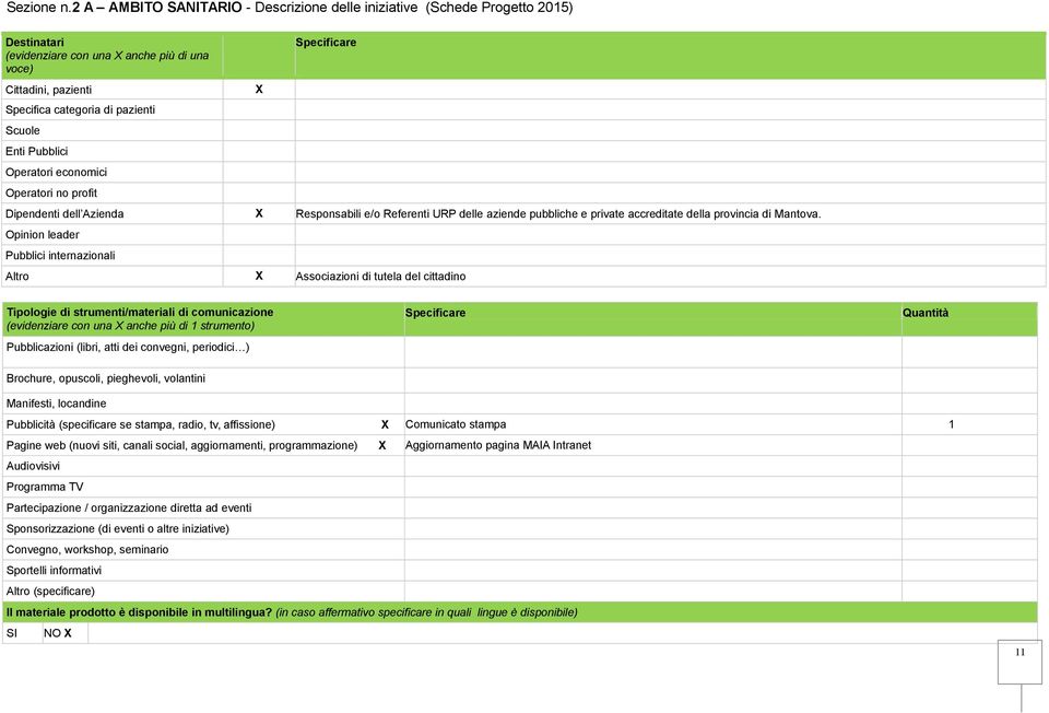 Opinion leader Pubblici internazionali Altro X Associazioni di tutela del cittadino Tipologie di strumenti/materiali di comunicazione (evidenziare con una X anche più di 1 strumento) Pubblicazioni