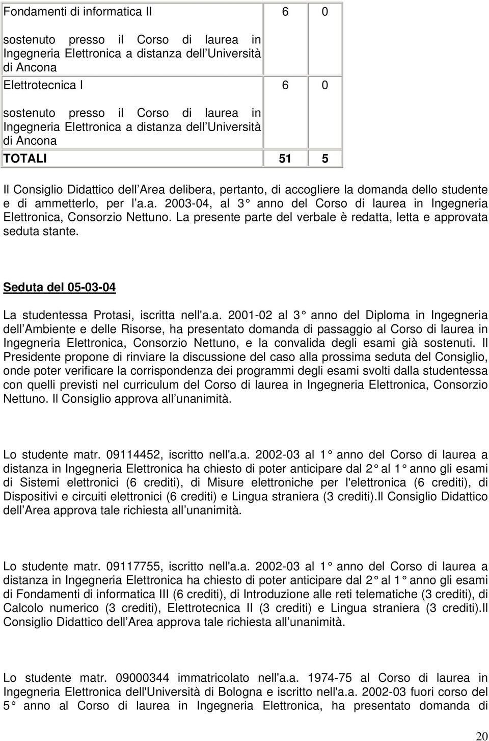 La presente parte del verbale è redatta, letta e approvata seduta stante. Seduta del 05-03-04 La studentessa Protasi, iscritta nell'a.a. 2001-02 al 3 anno del Diploma in Ingegneria dell Ambiente e