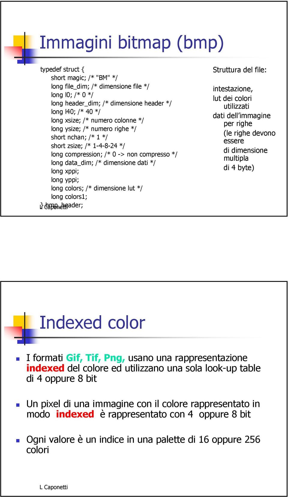colors; /* dimensione lut */ long colors1; L } Caponetti bmp_header; Struttura del file: intestazione, lut dei colori utilizzati dati dell immagine per righe (le righe devono essere di dimensione