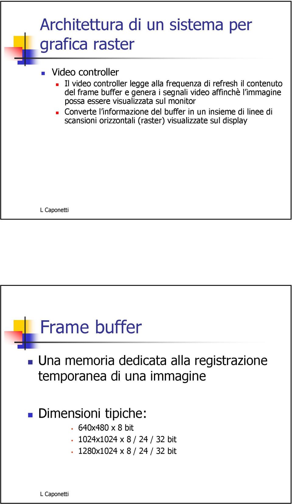 buffer in un insieme di linee di scansioni orizzontali (raster) visualizzate sul display Frame buffer Una memoria dedicata alla
