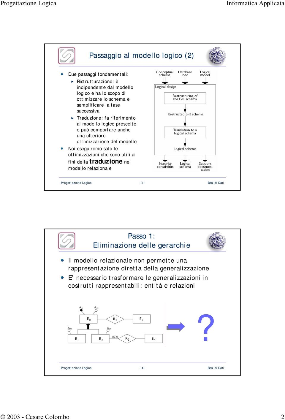 ottimizzazioni che sono utili ai fini della traduzione nel modello relazionale - 3 - Passo 1: Eliminazione delle gerarchie Il modello relazionale non permette una