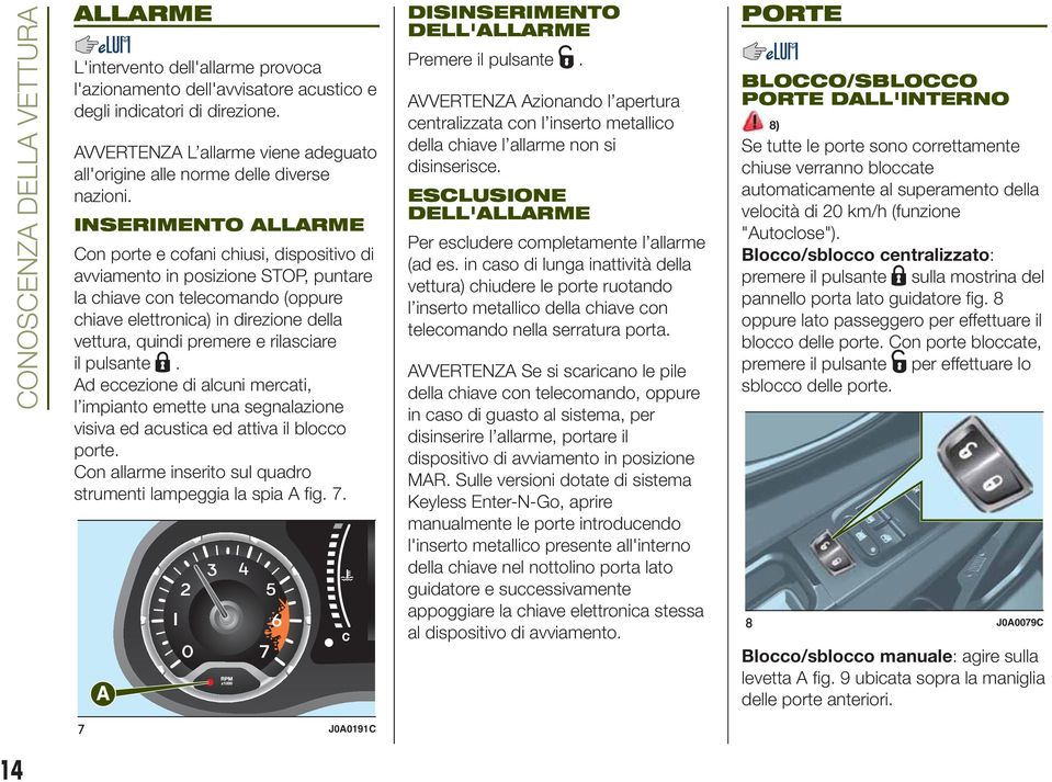 INSERIMENTO ALLARME Con porte e cofani chiusi, dispositivo di avviamento in posizione STOP, puntare la chiave con telecomando (oppure chiave elettronica) in direzione della vettura, quindi premere e