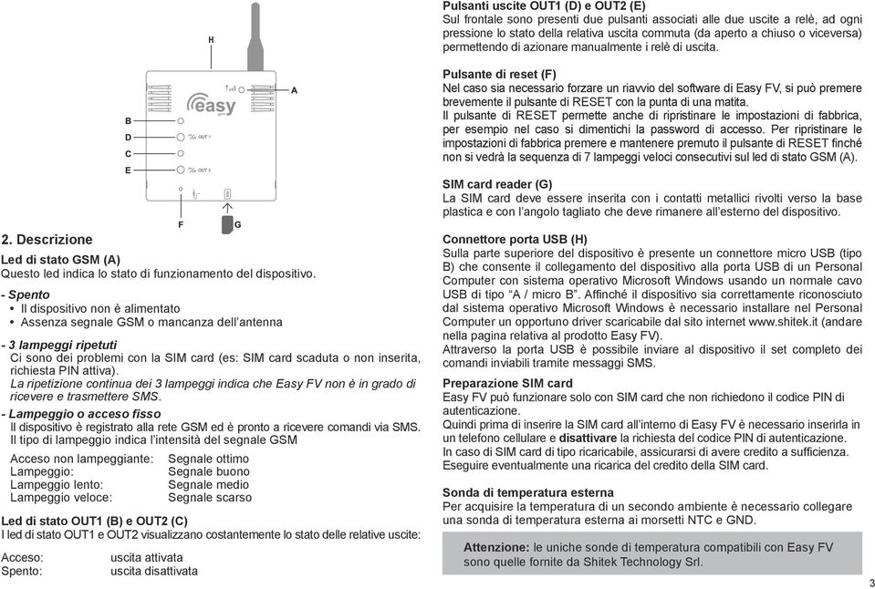 Pulsante di reset (F) Nel caso sia necessario forzare un riavvio del software di Easy FV, si può premere brevemente il pulsante di RESET con la punta di una matita.