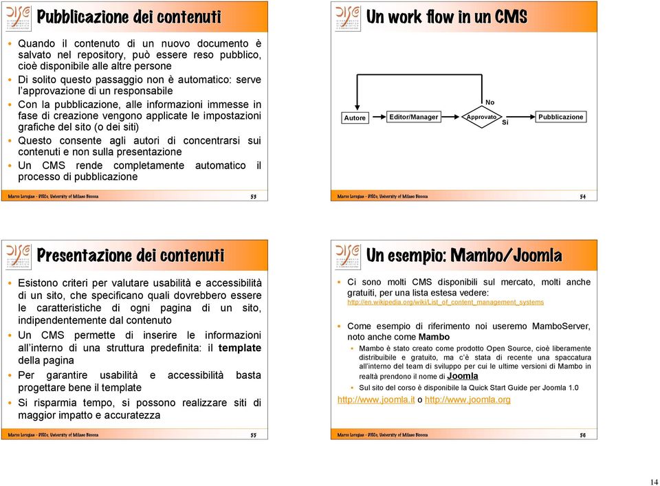 siti) Questo consente agli autori di concentrarsi sui contenuti e non sulla presentazione Un CMS rende completamente automatico il processo di pubblicazione Autore Editor/Manager No Approvato Sì