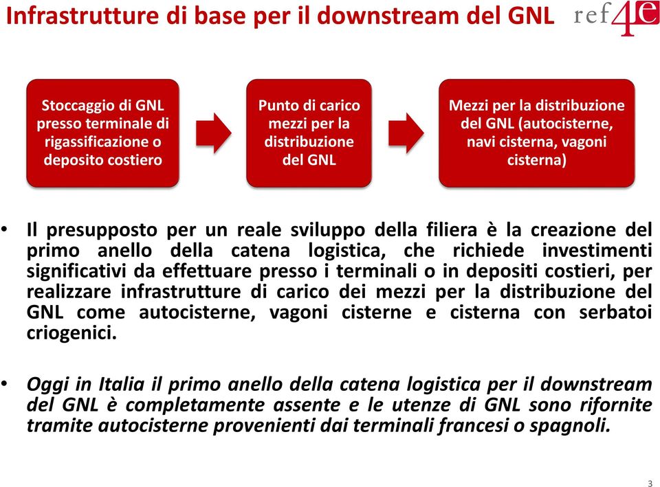 investimenti significativi da effettuare presso i terminali o in depositi costieri, per realizzare infrastrutture di carico dei mezzi per la distribuzione del GNL come autocisterne, vagoni cisterne e