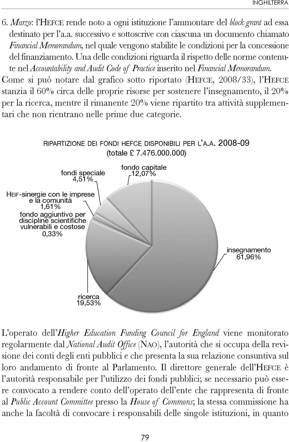 Come si può notare dal grafico sotto riportato (HEFCE, 2008/33), l HEFCE stanzia il 60% circa delle proprie risorse per sostenere l insegnamento, il 20% per la ricerca, mentre il rimanente 20% viene