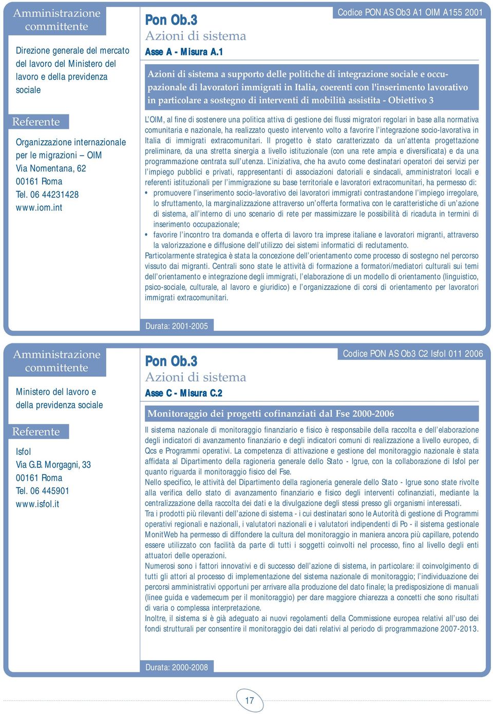 1 Codice PON AS Ob3 A1 OIM A155 2001 Azioni di sistema a supporto delle politiche di integrazione sociale e occupazionale di lavoratori immigrati in Italia, coerenti con l'inserimento lavorativo in